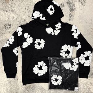 Black Hoodie with White Floral Pattern Size Large
